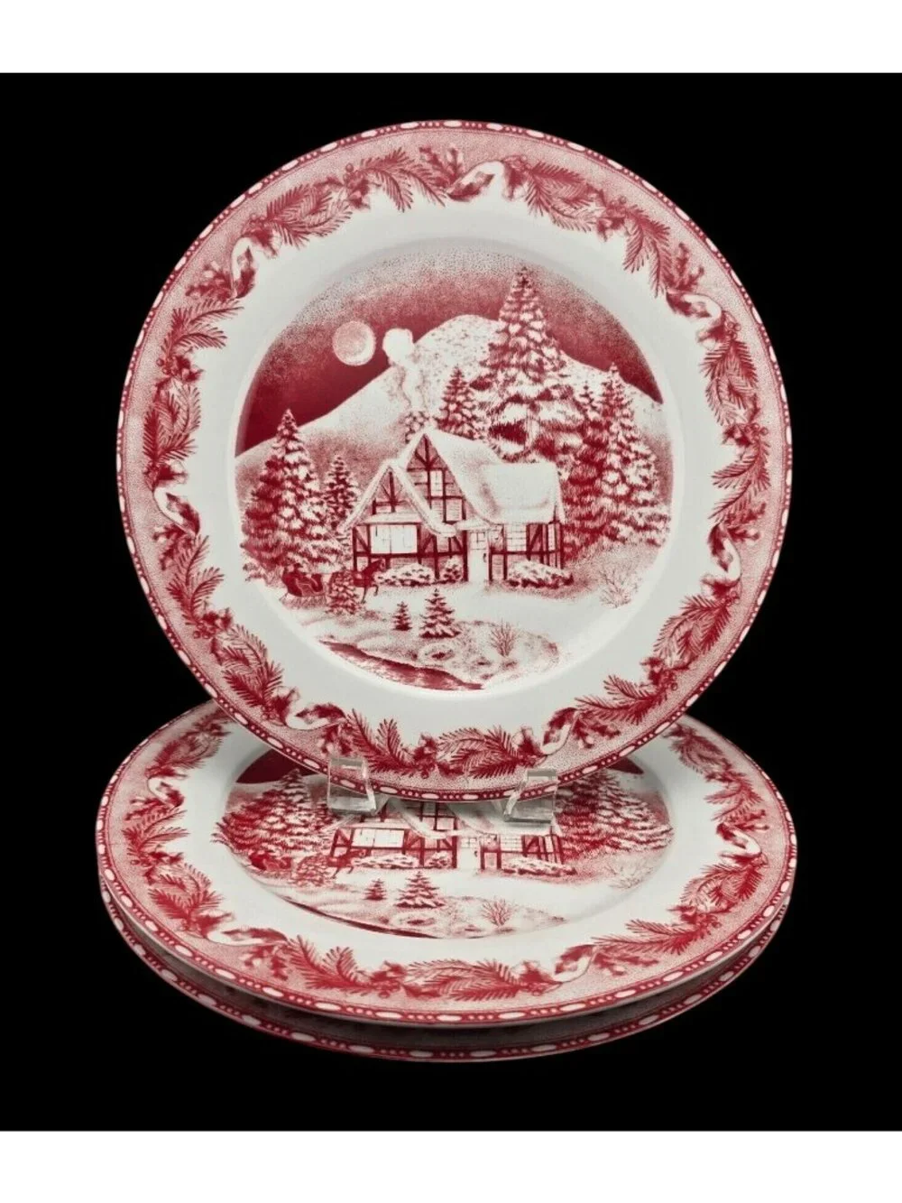 Set/4 Vintage Gibson Elite Winter Cottage Village Dinner Plate Oven Safe 10.5